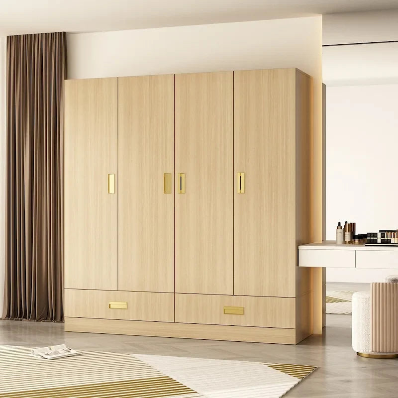 Wooden Wardrobe Closet with Gold Handles – Natural Wood, Adjustable Shelves & Hanging Rod, Single
