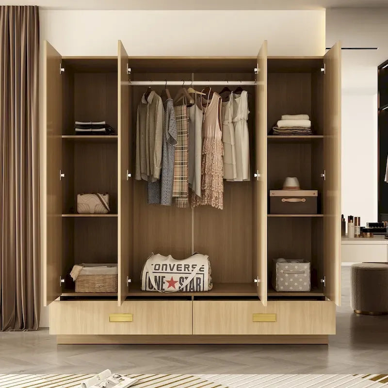Wooden Wardrobe Closet with Gold Handles – Natural Wood, Adjustable Shelves & Hanging Rod, Single