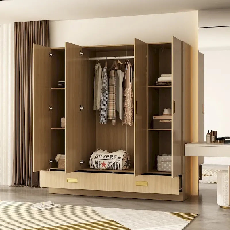 Wooden Wardrobe Closet with Gold Handles – Natural Wood, Adjustable Shelves & Hanging Rod, Single
