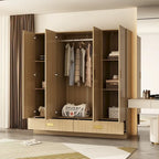 Wooden Wardrobe Closet with Gold Handles – Natural Wood, Adjustable Shelves & Hanging Rod, Single