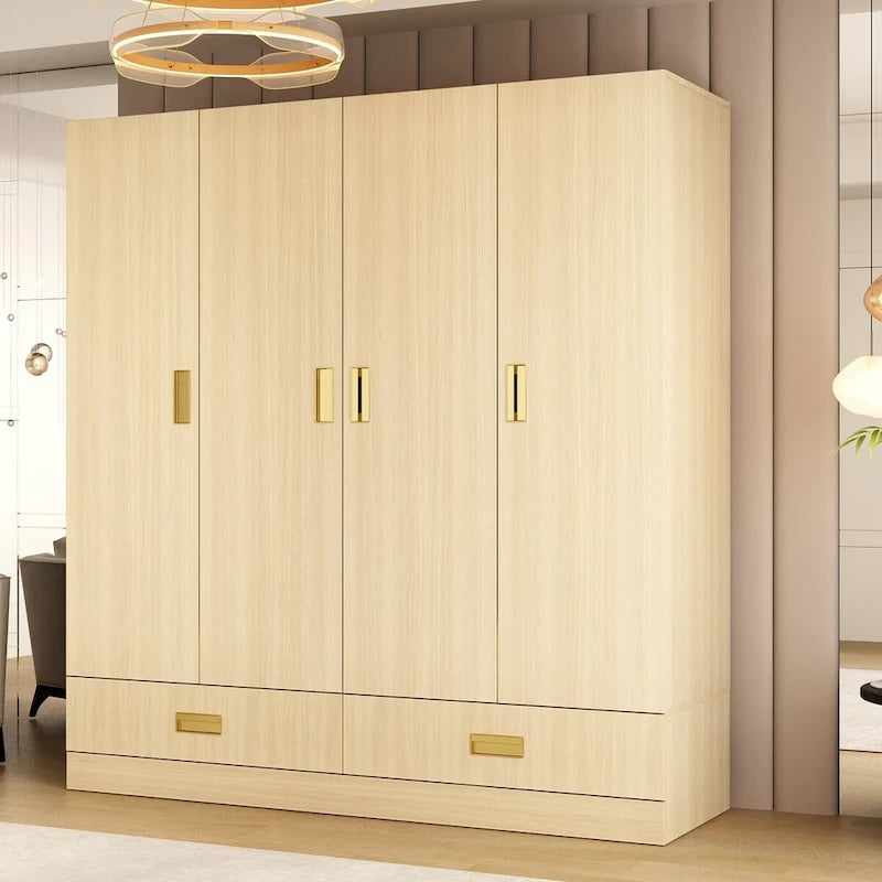 Wooden Wardrobe Closet with Gold Handles – Natural Wood, Adjustable Shelves & Hanging Rod, Single