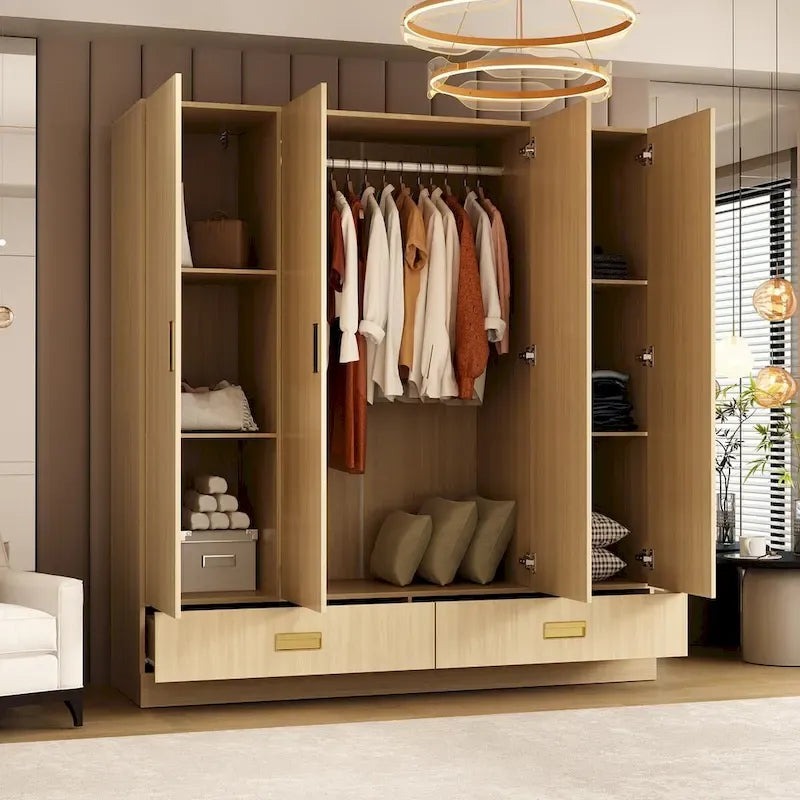Wooden Wardrobe Closet with Gold Handles – Natural Wood, Adjustable Shelves & Hanging Rod, Single