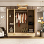 Wooden Wardrobe Closet with Gold Handles – Natural Wood, Adjustable Shelves & Hanging Rod, Single