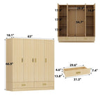 Wooden Wardrobe Closet with Gold Handles – Natural Wood, Adjustable Shelves & Hanging Rod, Single