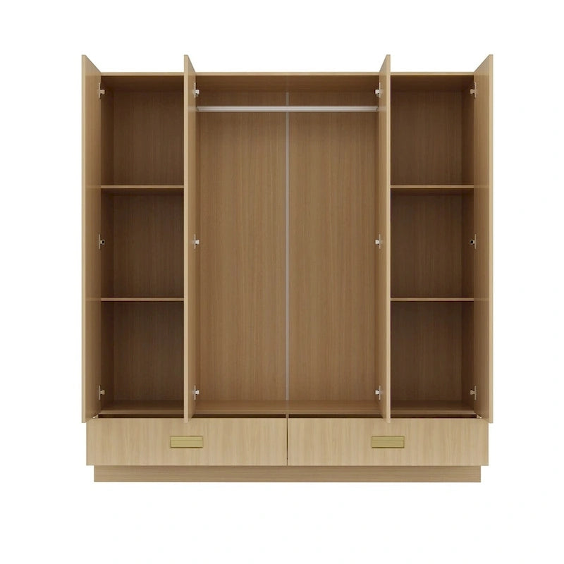 Wooden Wardrobe Closet with Gold Handles – Natural Wood, Adjustable Shelves & Hanging Rod, Single