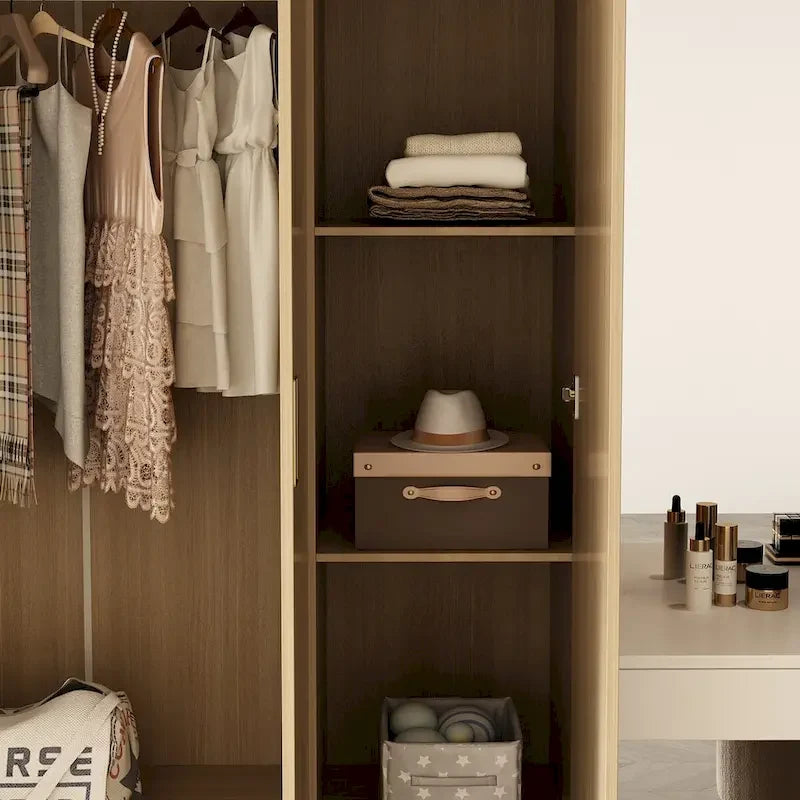 Wooden Wardrobe Closet with Gold Handles – Natural Wood, Adjustable Shelves & Hanging Rod, Single