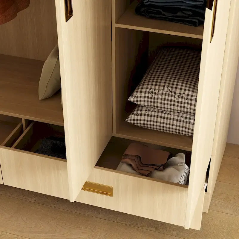 Wooden Wardrobe Closet with Gold Handles – Natural Wood, Adjustable Shelves & Hanging Rod, Single