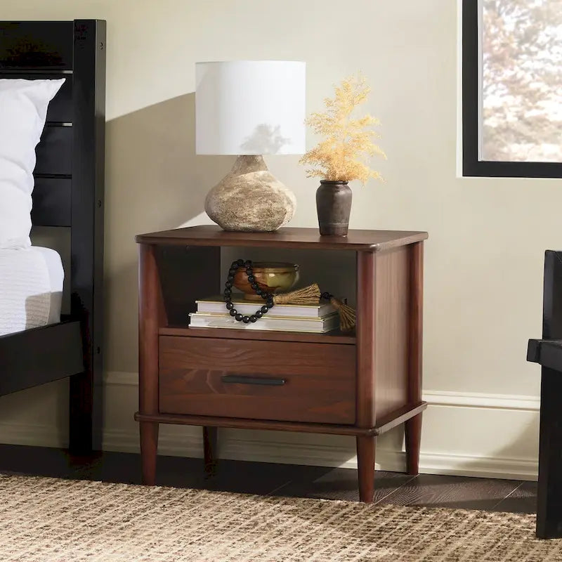 Spindle Nightstand with 1 Drawer & Open Cubby – Brown / Walnut, Solid Pine, Transitional Style, Single