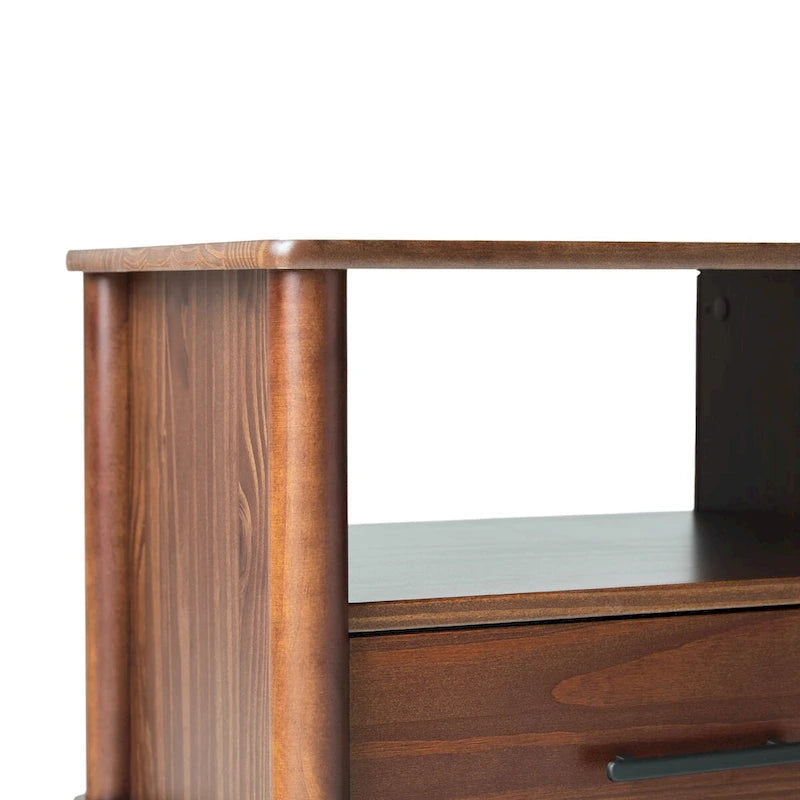 Spindle Nightstand with 1 Drawer & Open Cubby – Brown / Walnut, Solid Pine, Transitional Style, Single