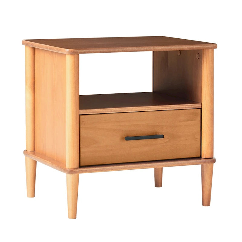 Spindle Nightstand with 1 Drawer & Open Cubby – Brown / Walnut, Solid Pine, Transitional Style, Single