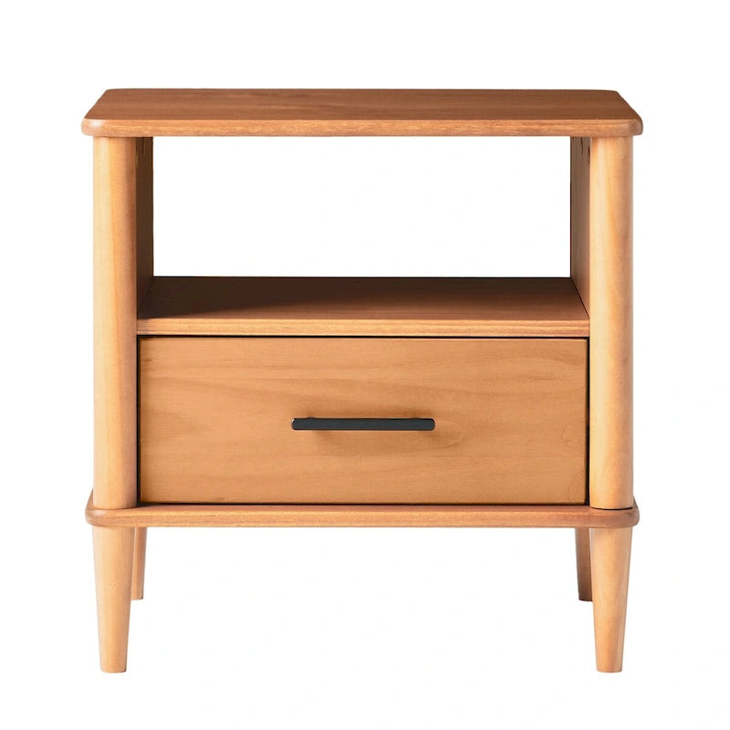 Spindle Nightstand with 1 Drawer & Open Cubby – Brown / Walnut, Solid Pine, Transitional Style, Single
