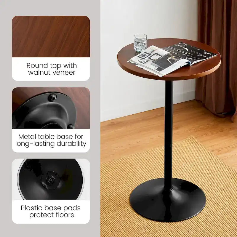 39.5" Round Pub Bar Table – Walnut / Black / Silver, MDF Top, Iron Base, Single
