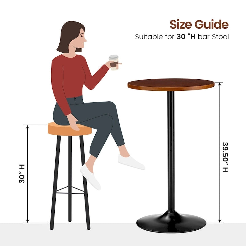 39.5" Round Pub Bar Table – Walnut / Black / Silver, MDF Top, Iron Base, Single