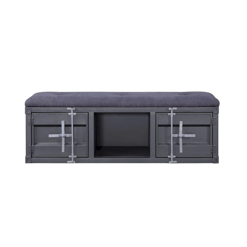 56" Industrial Storage Bench – Gray, Fabric Seat, Metal Frame, 2 Side Cabinets, Seats 2–3