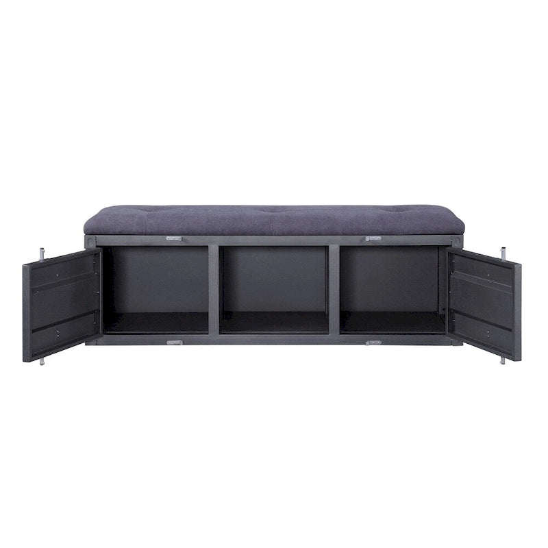 56" Industrial Storage Bench – Gray, Fabric Seat, Metal Frame, 2 Side Cabinets, Seats 2–3