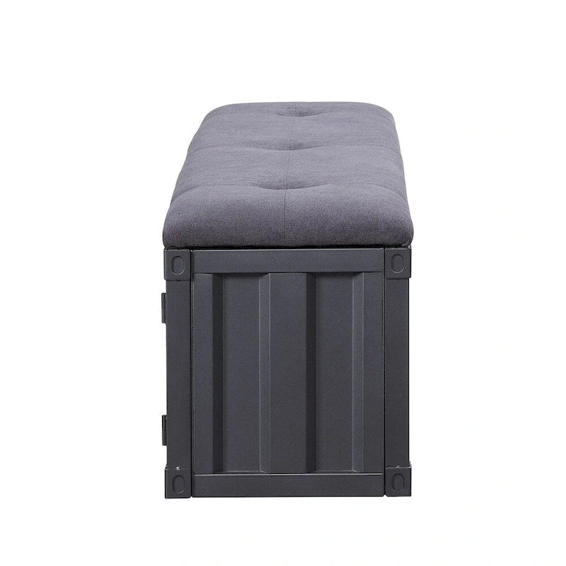 56" Industrial Storage Bench – Gray, Fabric Seat, Metal Frame, 2 Side Cabinets, Seats 2–3