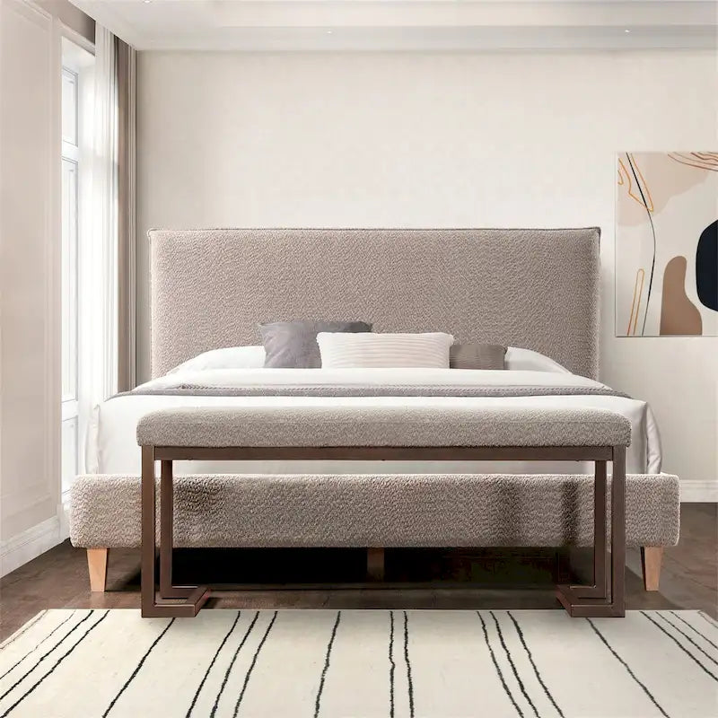 Boucle Upholstered Accent Bench – Grey / Beige, Metal Frame, Contemporary Style, Single