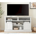 58" TV Stand with Sliding Doors & Adjustable Shelf – Antique White / Brown, Mid-Century Style, Single