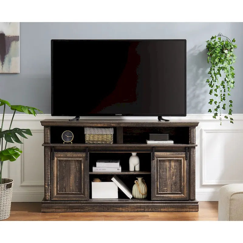 58" TV Stand with Sliding Doors & Adjustable Shelf – Antique White / Brown, Mid-Century Style, Single