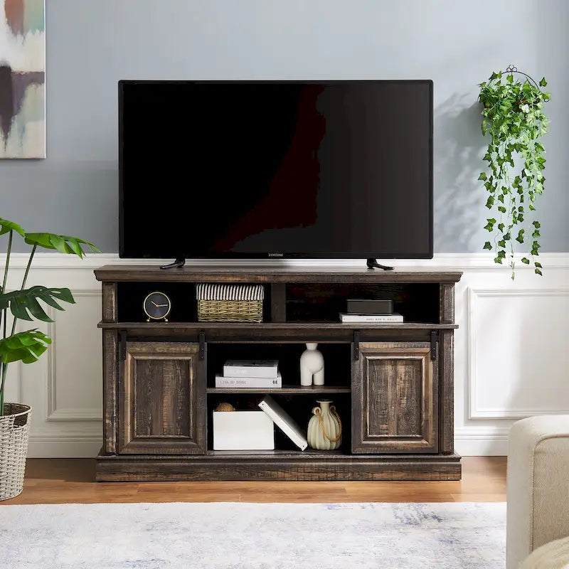 58" TV Stand with Sliding Doors & Adjustable Shelf – Antique White / Brown, Mid-Century Style, Single