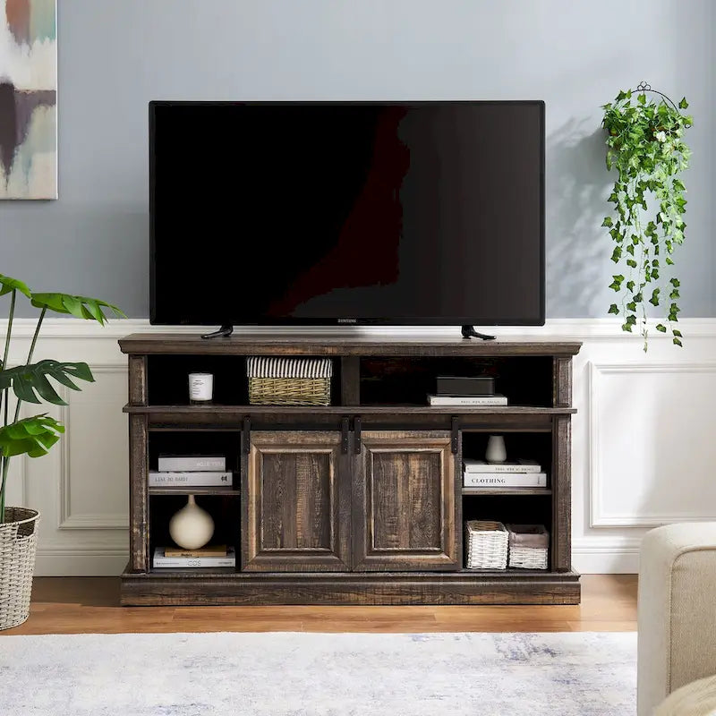 58" TV Stand with Sliding Doors & Adjustable Shelf – Antique White / Brown, Mid-Century Style, Single