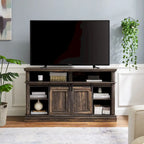 58" TV Stand with Sliding Doors & Adjustable Shelf – Antique White / Brown, Mid-Century Style, Single