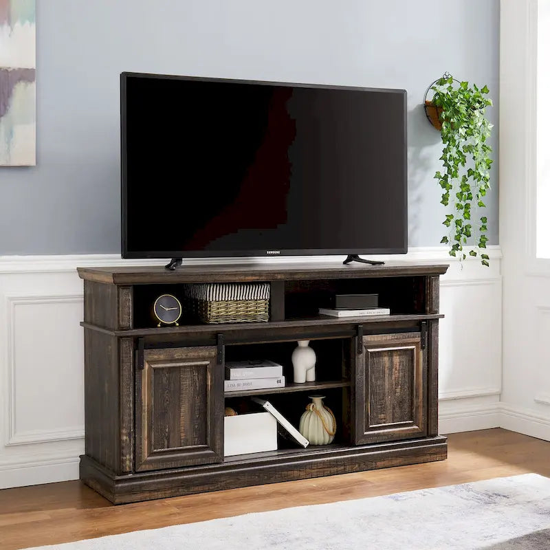 58" TV Stand with Sliding Doors & Adjustable Shelf – Antique White / Brown, Mid-Century Style, Single