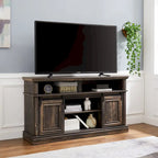 58" TV Stand with Sliding Doors & Adjustable Shelf – Antique White / Brown, Mid-Century Style, Single