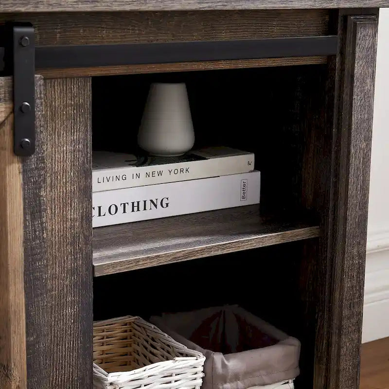 58" TV Stand with Sliding Doors & Adjustable Shelf – Antique White / Brown, Mid-Century Style, Single