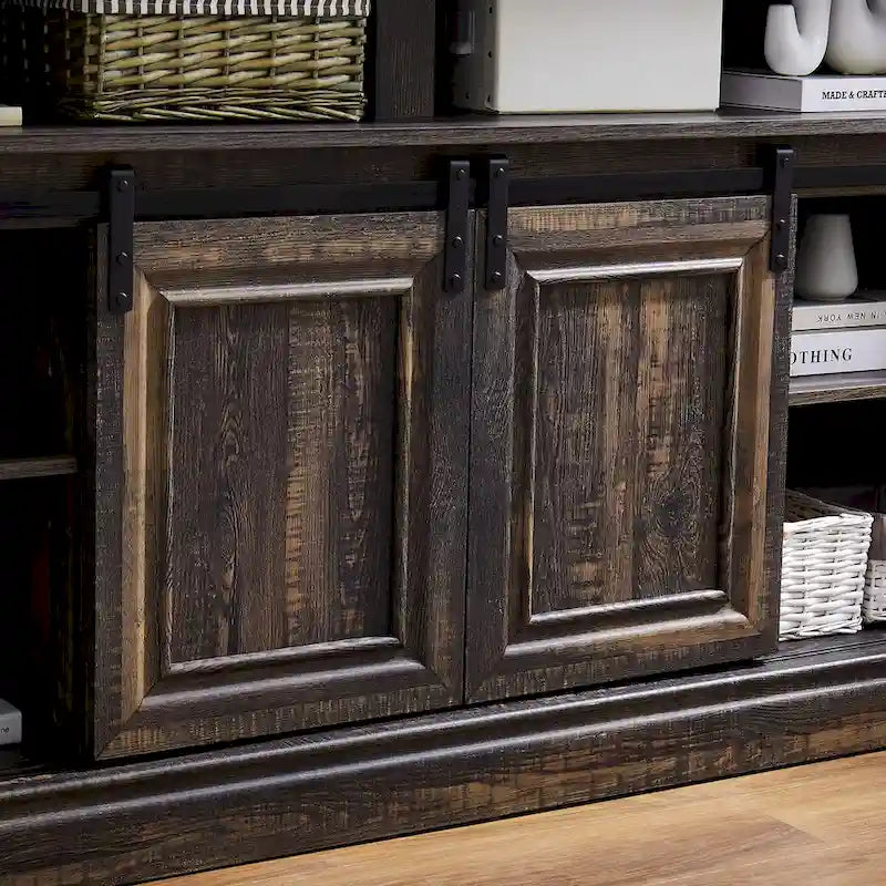 58" TV Stand with Sliding Doors & Adjustable Shelf – Antique White / Brown, Mid-Century Style, Single