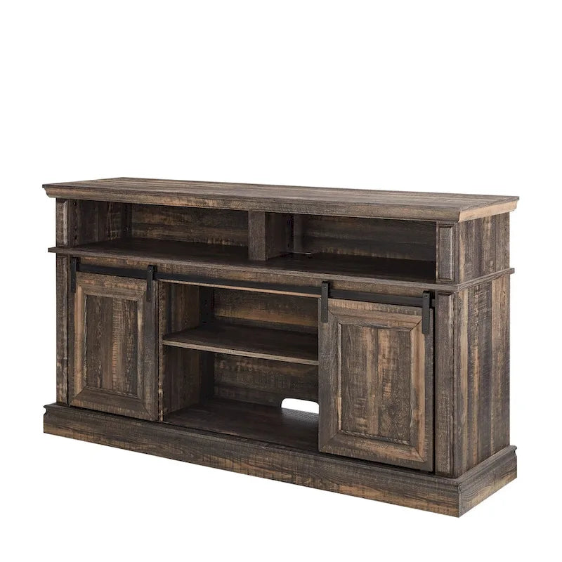 58" TV Stand with Sliding Doors & Adjustable Shelf – Antique White / Brown, Mid-Century Style, Single