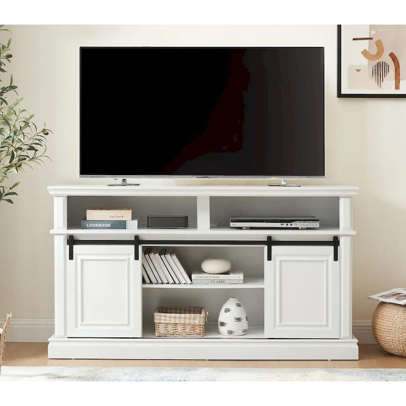 58" TV Stand with Sliding Doors & Adjustable Shelf – Antique White / Brown, Mid-Century Style, Single
