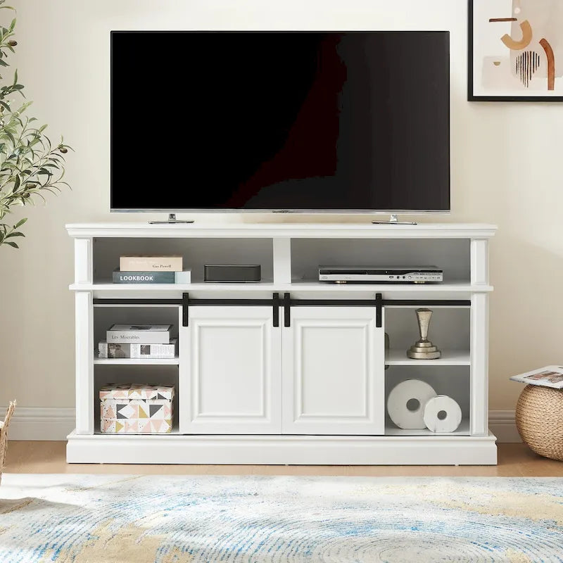 58" TV Stand with Sliding Doors & Adjustable Shelf – Antique White / Brown, Mid-Century Style, Single