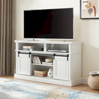 58" TV Stand with Sliding Doors & Adjustable Shelf – Antique White / Brown, Mid-Century Style, Single