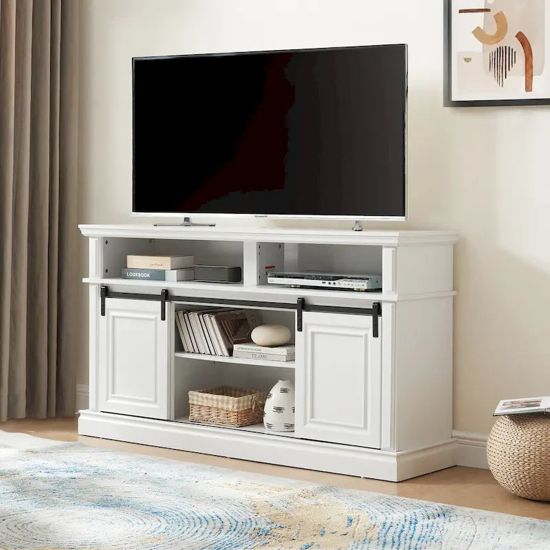 58" TV Stand with Sliding Doors & Adjustable Shelf – Antique White / Brown, Mid-Century Style, Single