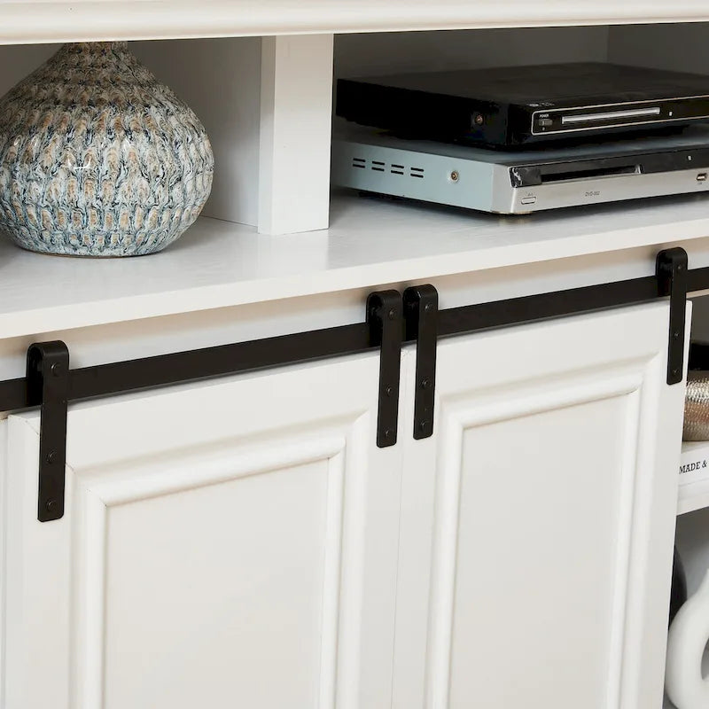 58" TV Stand with Sliding Doors & Adjustable Shelf – Antique White / Brown, Mid-Century Style, Single