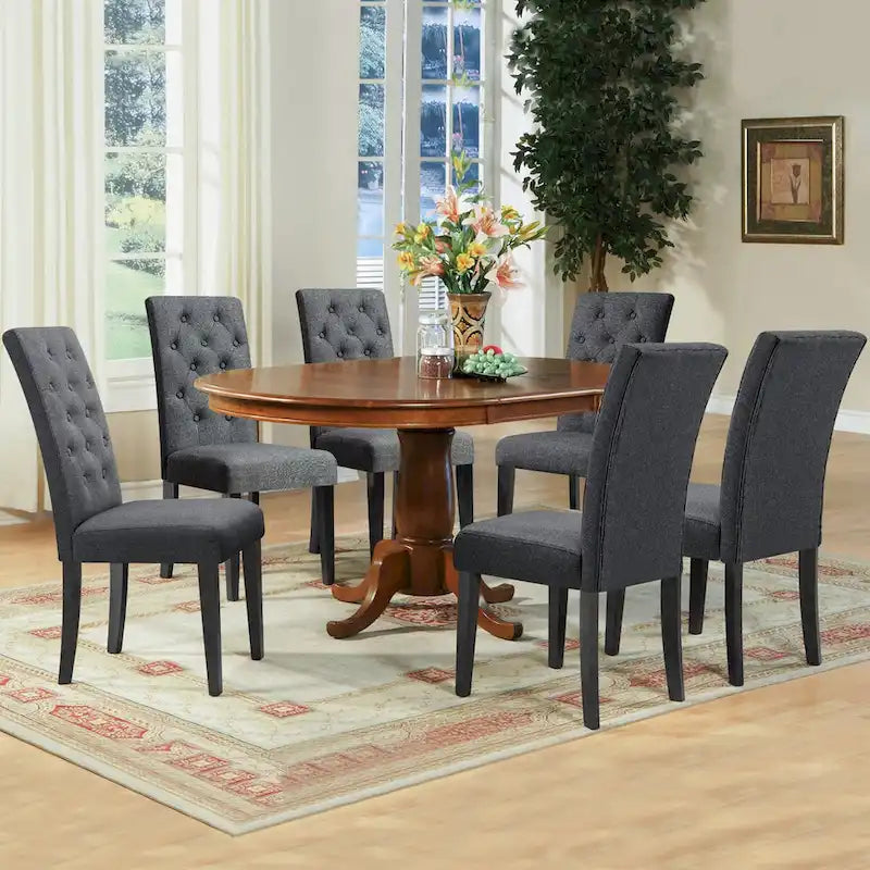 Linen Parsons Upholstered Dining Chair – Grey / Brown / White, Button Tufted, Set of 2