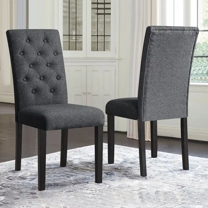 Linen Parsons Upholstered Dining Chair – Grey / Brown / White, Button Tufted, Set of 2