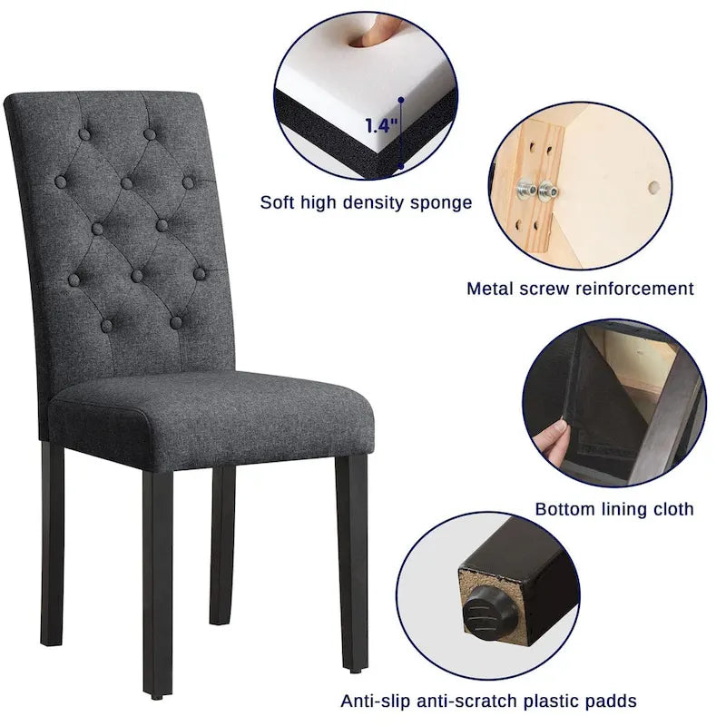 Linen Parsons Upholstered Dining Chair – Grey / Brown / White, Button Tufted, Set of 2
