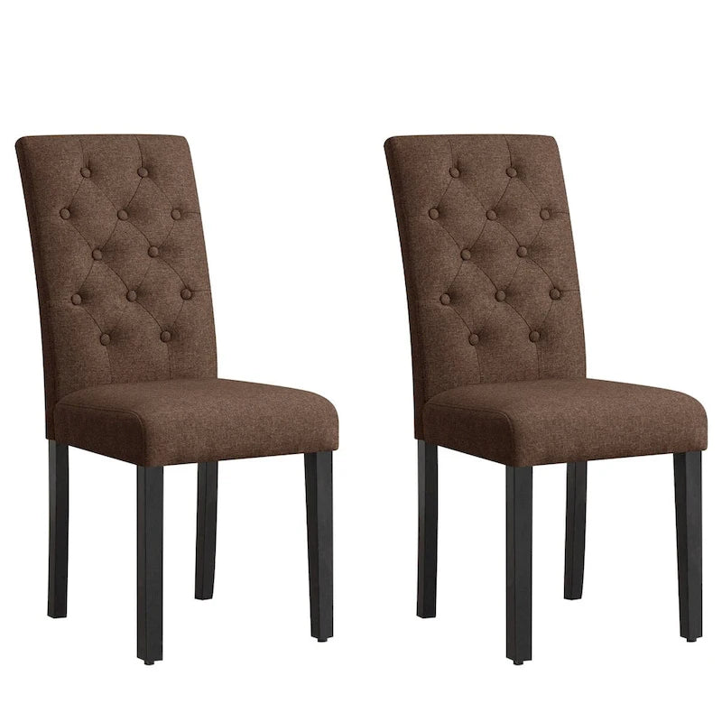 Linen Parsons Upholstered Dining Chair – Grey / Brown / White, Button Tufted, Set of 2
