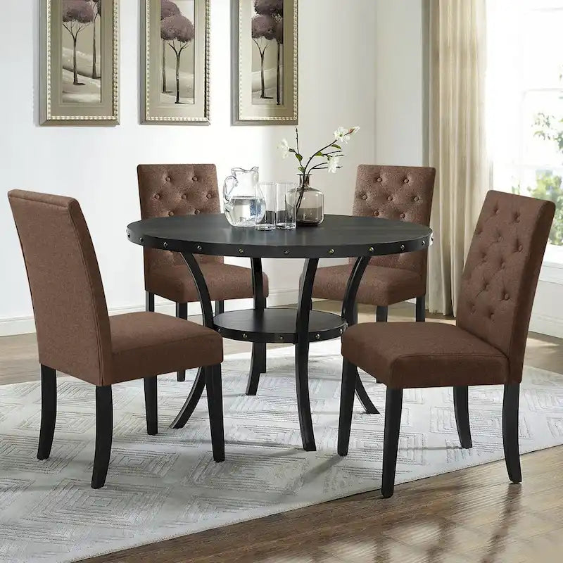Linen Parsons Upholstered Dining Chair – Grey / Brown / White, Button Tufted, Set of 2