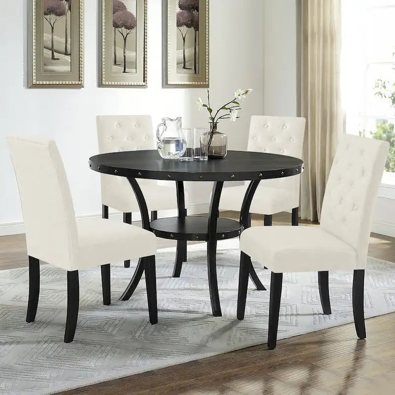 Linen Parsons Upholstered Dining Chair – Grey / Brown / White, Button Tufted, Set of 2