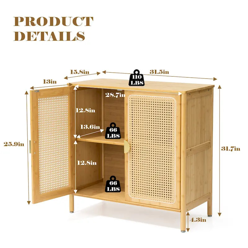 Natural Rattan BOHO Sideboard Buffet Cabinet – Bamboo & PE Rattan, Gold Handles, 1–2 Person Assembly