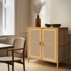 Natural Rattan BOHO Sideboard Buffet Cabinet – Bamboo & PE Rattan, Gold Handles, 1–2 Person Assembly