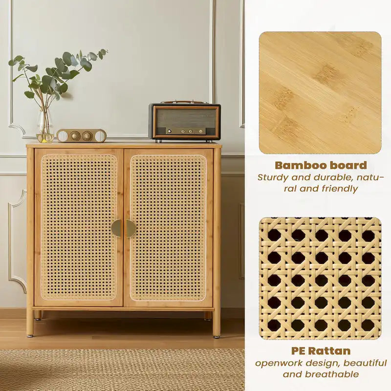 Natural Rattan BOHO Sideboard Buffet Cabinet – Bamboo & PE Rattan, Gold Handles, 1–2 Person Assembly