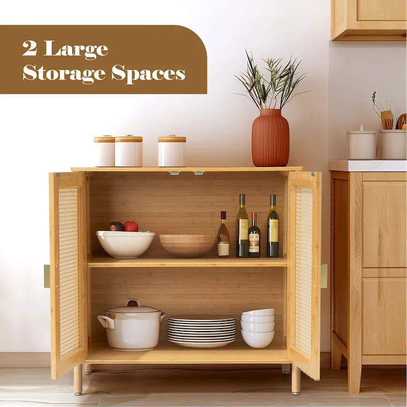 Natural Rattan BOHO Sideboard Buffet Cabinet – Bamboo & PE Rattan, Gold Handles, 1–2 Person Assembly
