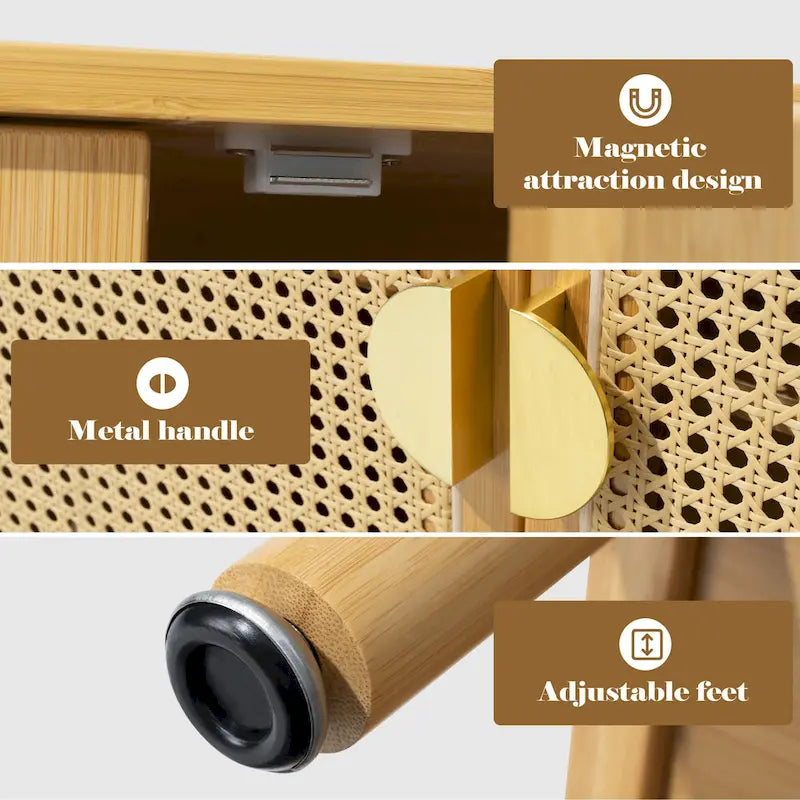 Natural Rattan BOHO Sideboard Buffet Cabinet – Bamboo & PE Rattan, Gold Handles, 1–2 Person Assembly