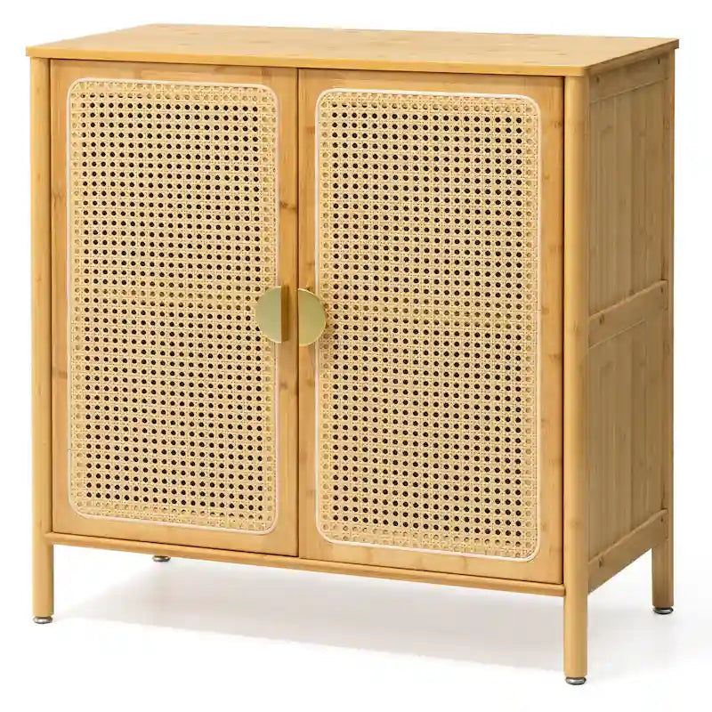 Natural Rattan BOHO Sideboard Buffet Cabinet – Bamboo & PE Rattan, Gold Handles, 1–2 Person Assembly