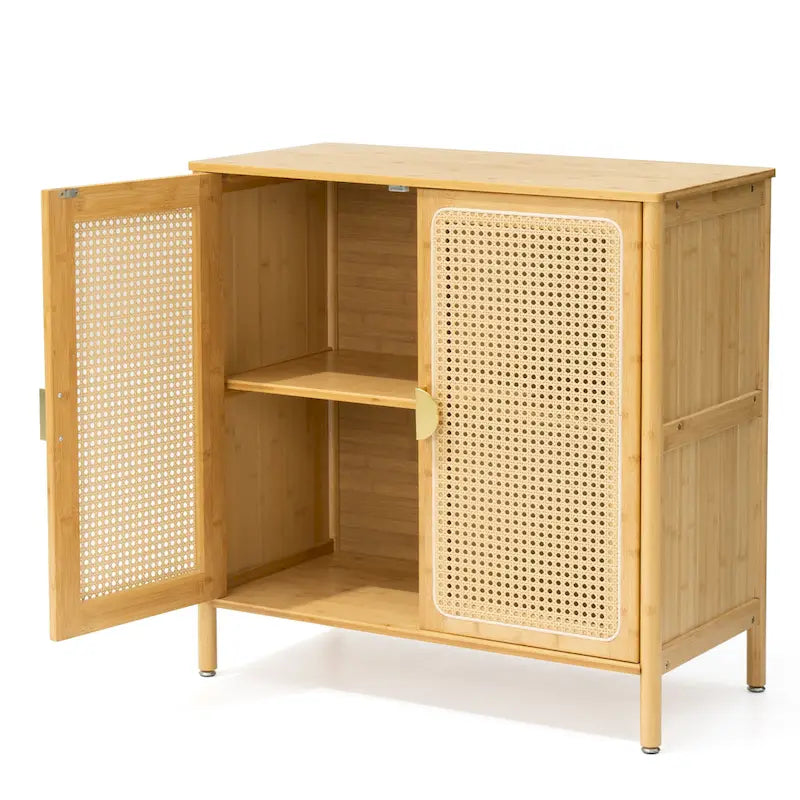 Natural Rattan BOHO Sideboard Buffet Cabinet – Bamboo & PE Rattan, Gold Handles, 1–2 Person Assembly
