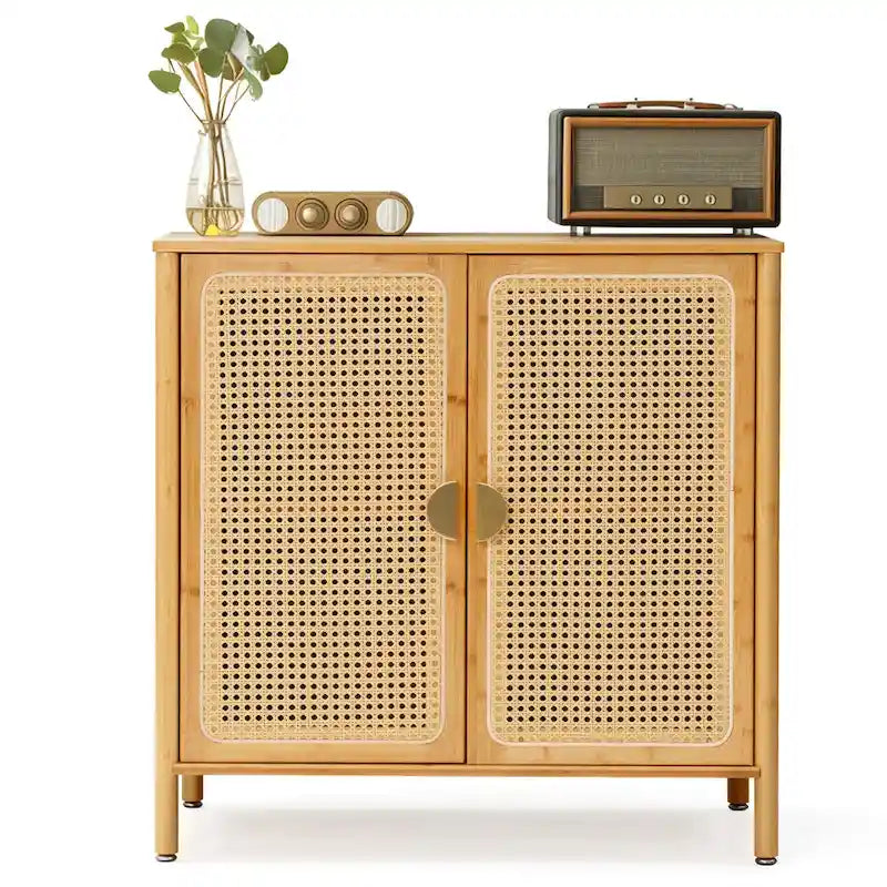 Natural Rattan BOHO Sideboard Buffet Cabinet – Bamboo & PE Rattan, Gold Handles, 1–2 Person Assembly